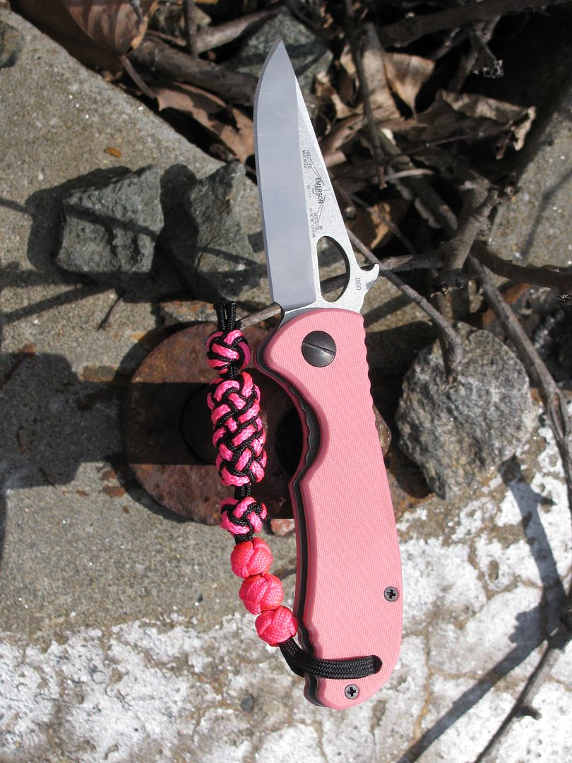 The paracord "three daughters lanyard" on a pink Emerson traveler knife Survivalist Forum